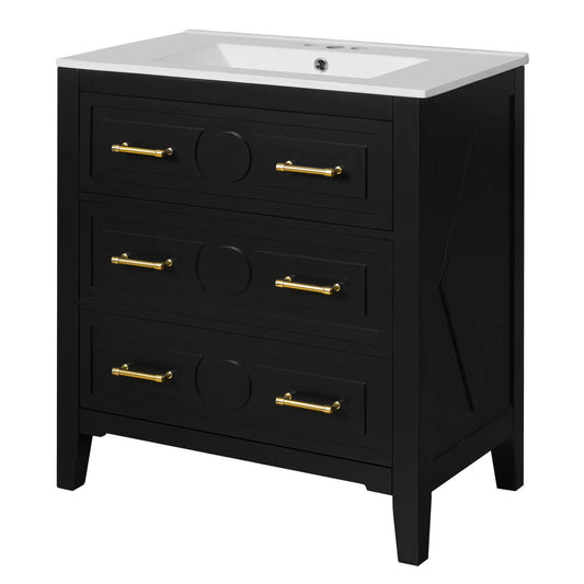 Retro bathroom vanity with sink, black freestanding cabinet with 3 drawers and gold handles on Tampa Home & Garden Store