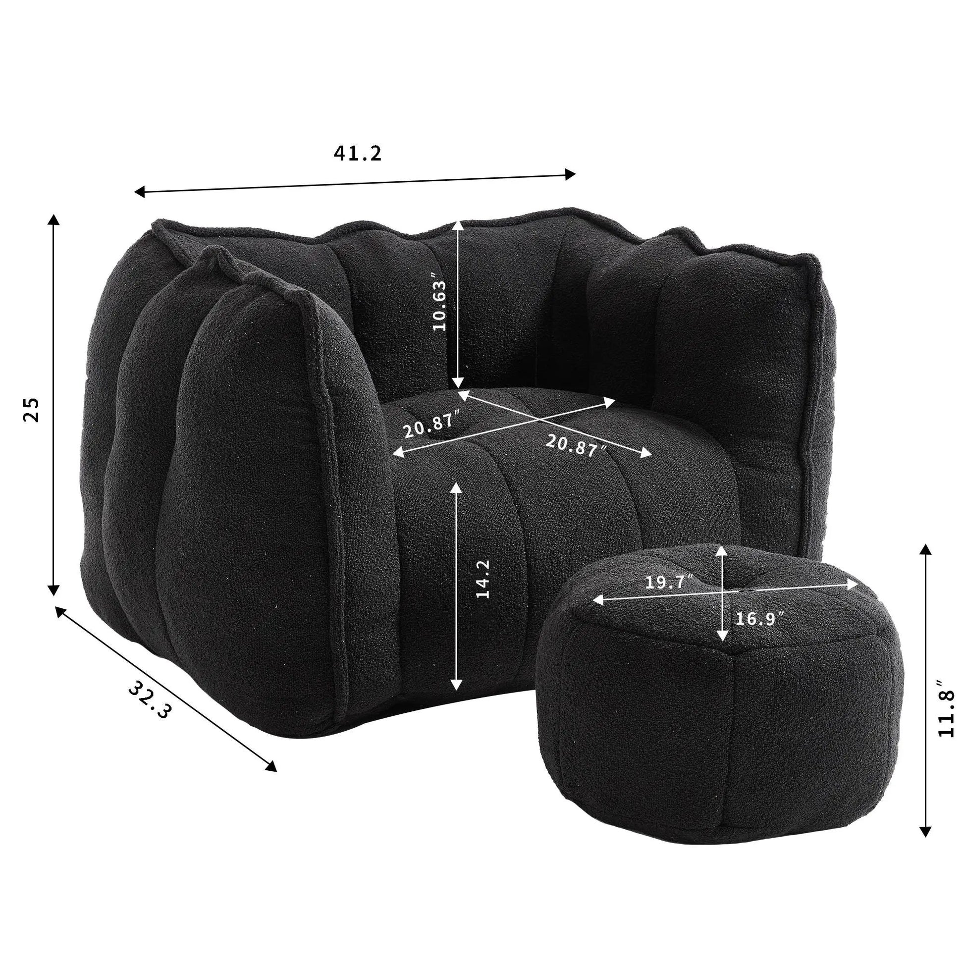 Soft bean bag chair with high resilient foam and matching ottoman in black on Tampa Home & Garden Store