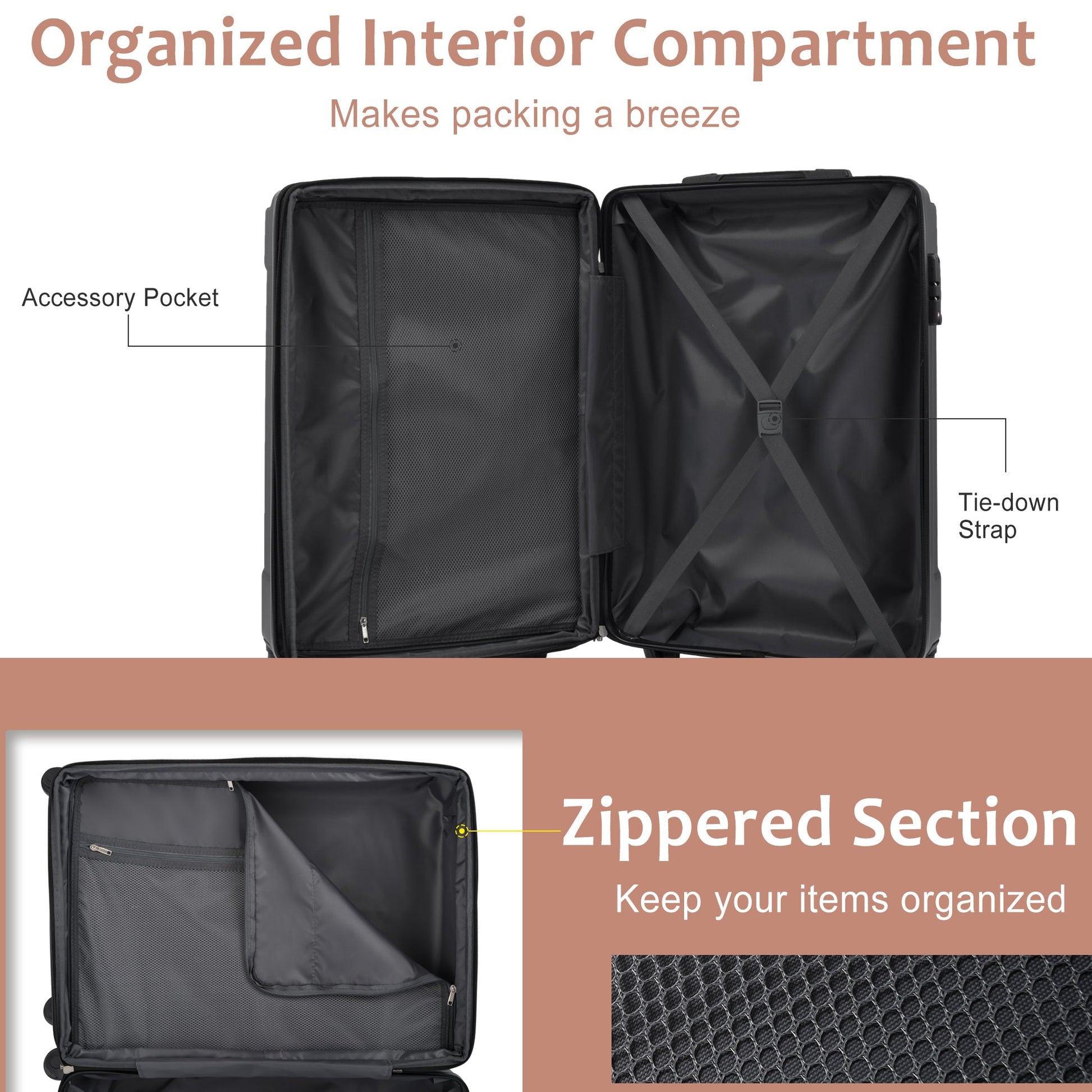 HouseOfZazla 3-Piece Expandable Hard Shell Luggage Set with TSA Lock, mesh pocket and cross straps on Tampa Home & Garden Store