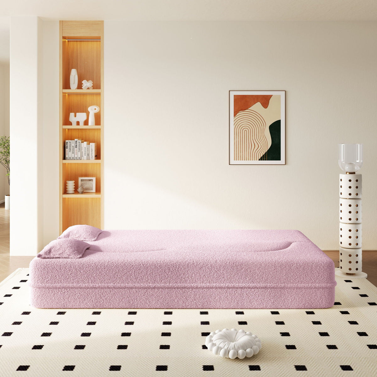 Modern Floor Sleeper Sofa Bed And Two Pillows