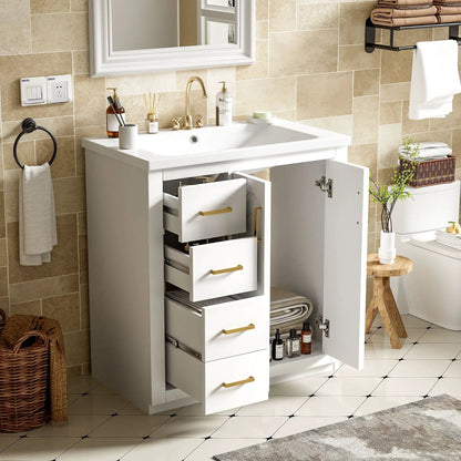 White ceramic sink vanity with freestanding cabinet, three drawers and brass handles on Tampa Home & Garden Store