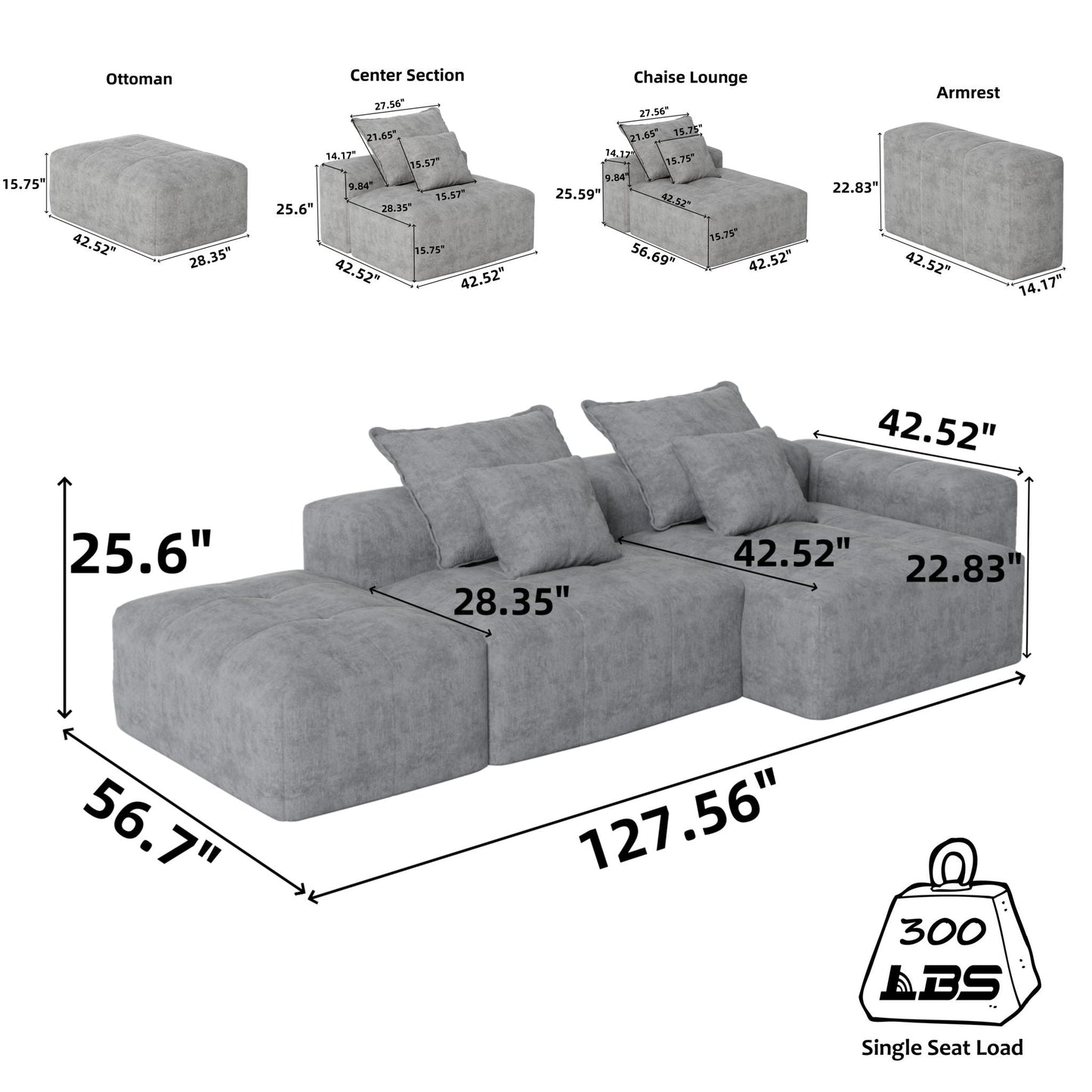 HouseOfZazla Modern Oversized DIY Combination Modular Sectional Sofa with gray fabric pillows on Tampa Home & Garden Store