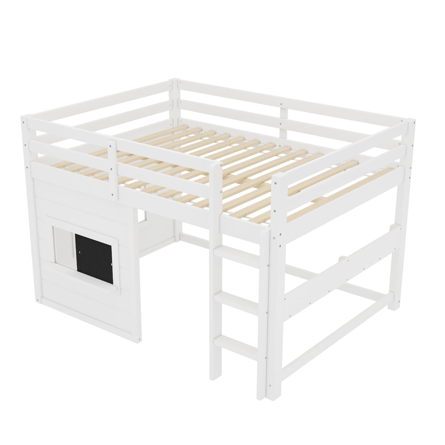 Full size white loft bed frame with sliding chalkboard and bookshelf HouseOfZazla on Tampa Home & Garden Store