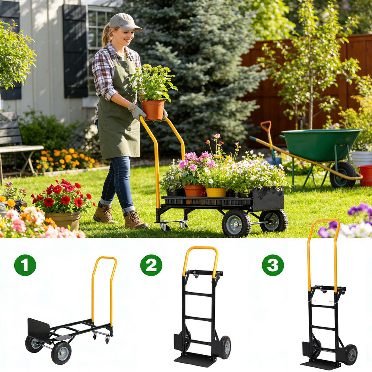 Heavy Duty Dual Purpose Hand Truck Dolly Cart set of 3 with yellow handles carrying plants on Tampa Home & Garden Store