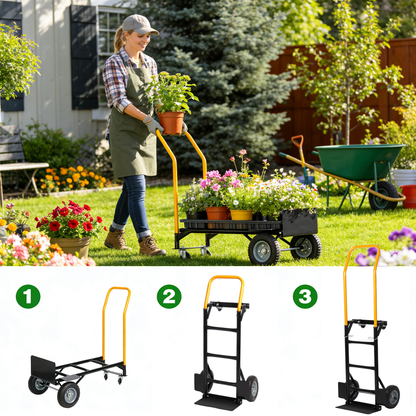 Heavy Duty Dual Purpose Hand Truck Dolly Cart set of 3 with yellow handles carrying plants on Tampa Home & Garden Store