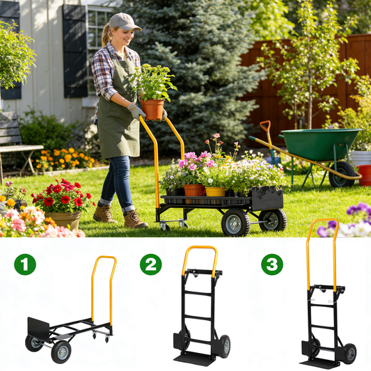 Heavy Duty Dual Purpose Hand Truck Dolly Cart set of 3 with yellow handles carrying plants on Tampa Home & Garden Store
