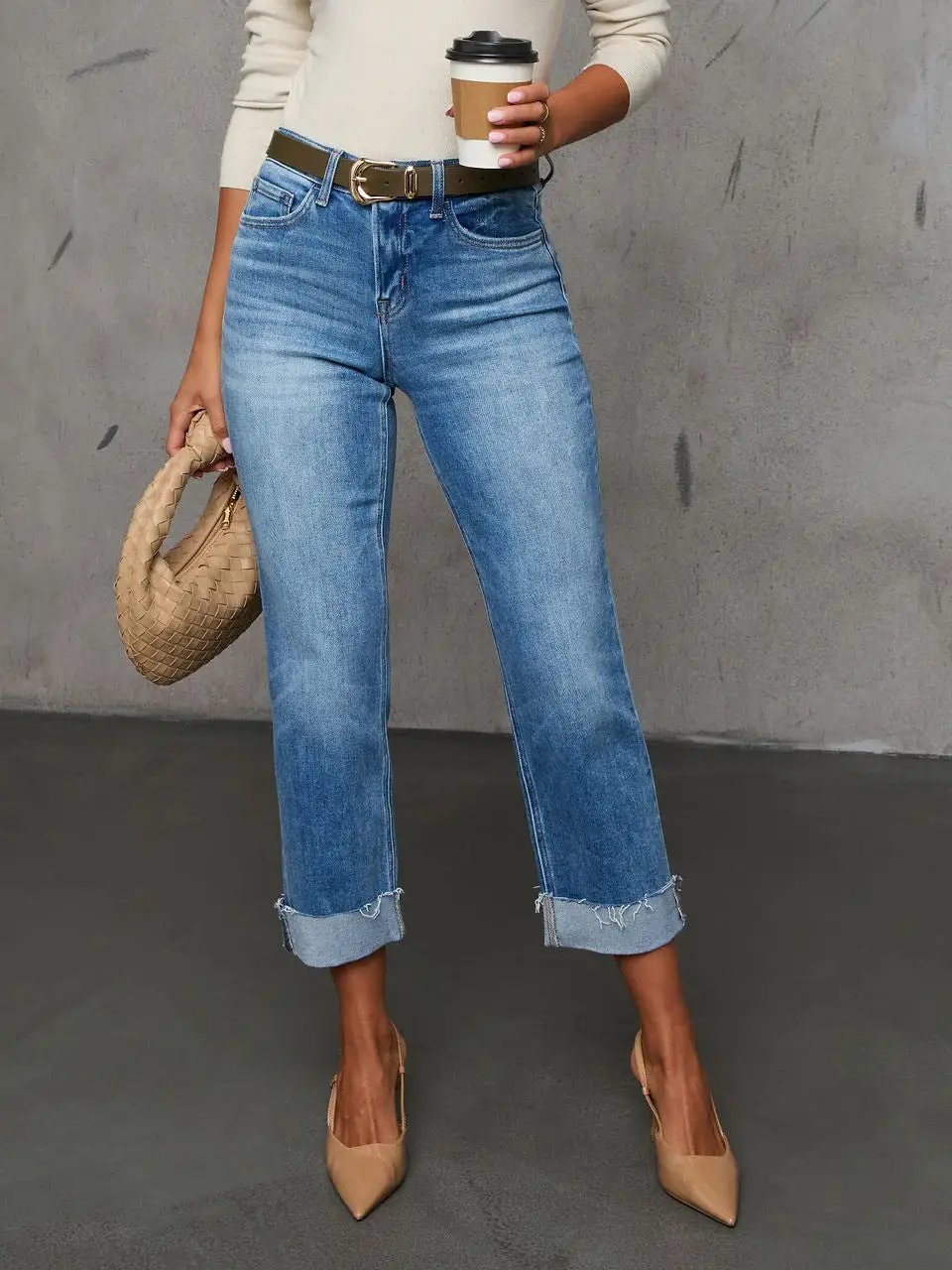 Cuffed Capri Jeans by FLIPSTYLEZLLC, light denim with whiskered finish and rolled cuffs on Tampa Home & Garden Store