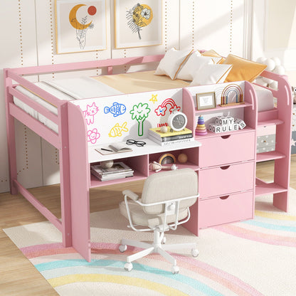 Pink low loft bed with built-in desk, storage cabinets, doodle board by HouseOfZazla on Tampa Home & Garden Store