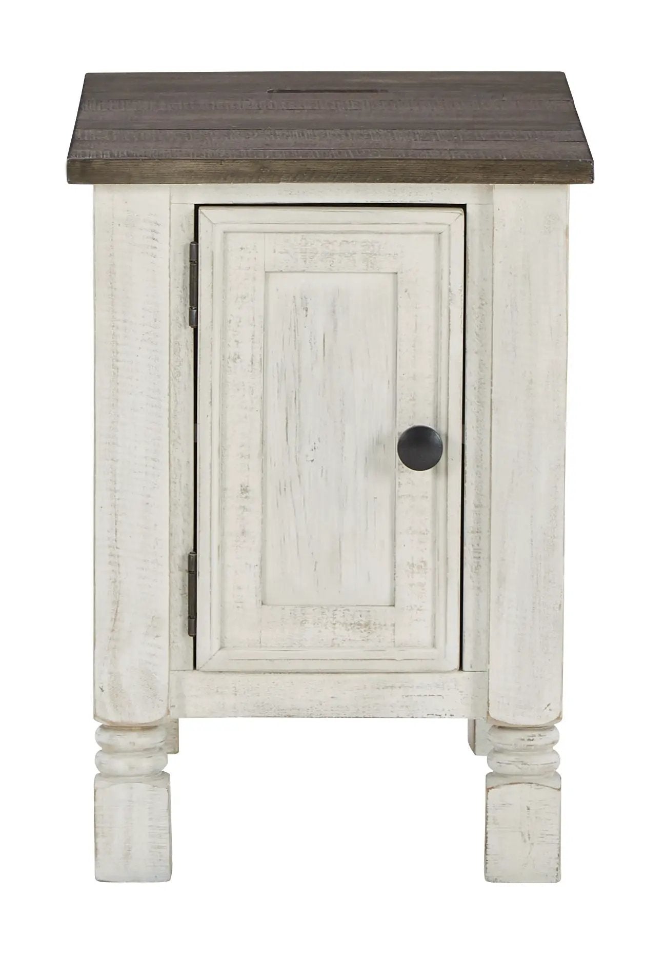 Havalance chair side end table white gray with dark wood top and single door cabinet on Tampa Home & Garden Store