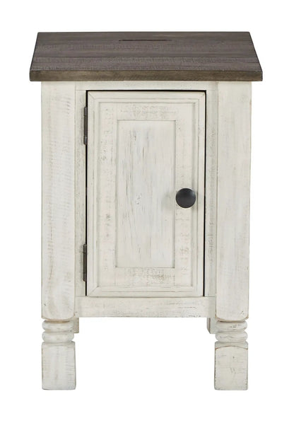 Havalance chair side end table white gray with dark wood top and single door cabinet on Tampa Home & Garden Store