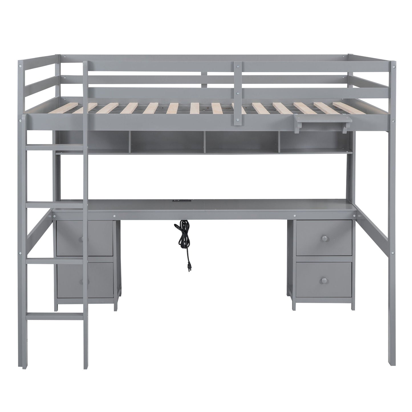 Loft bed with desk, cabinets, drawers and charging station in a gray metal frame on Tampa Home & Garden Store