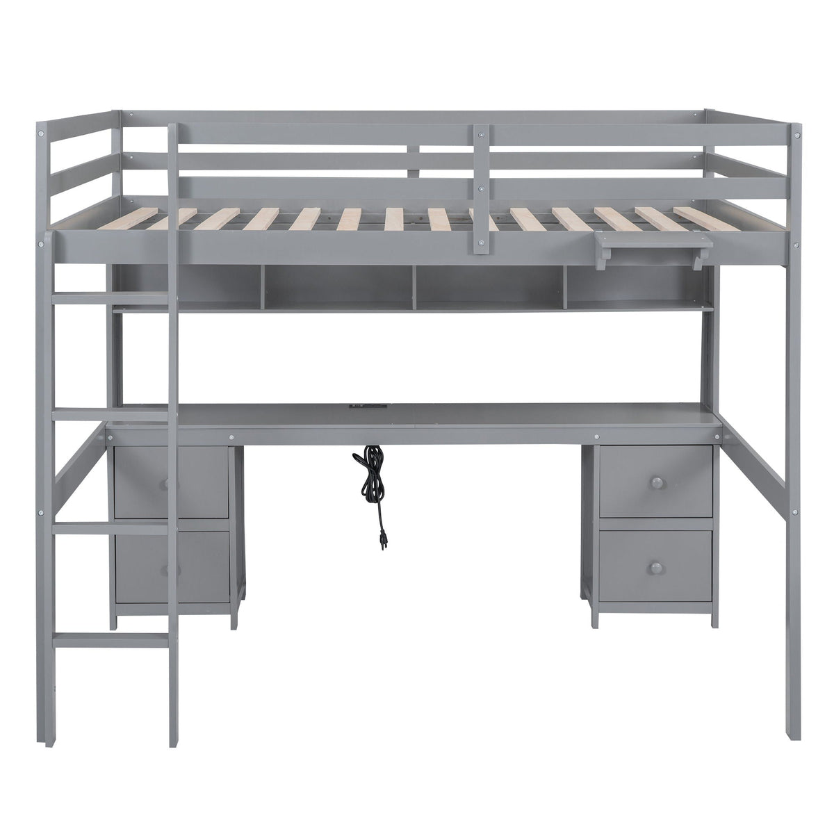 Loft bed with desk, cabinets, drawers and charging station in a gray metal frame on Tampa Home & Garden Store