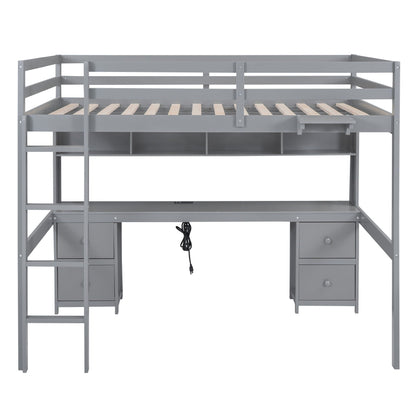 Loft bed with desk, cabinets, drawers and charging station in a gray metal frame on Tampa Home & Garden Store