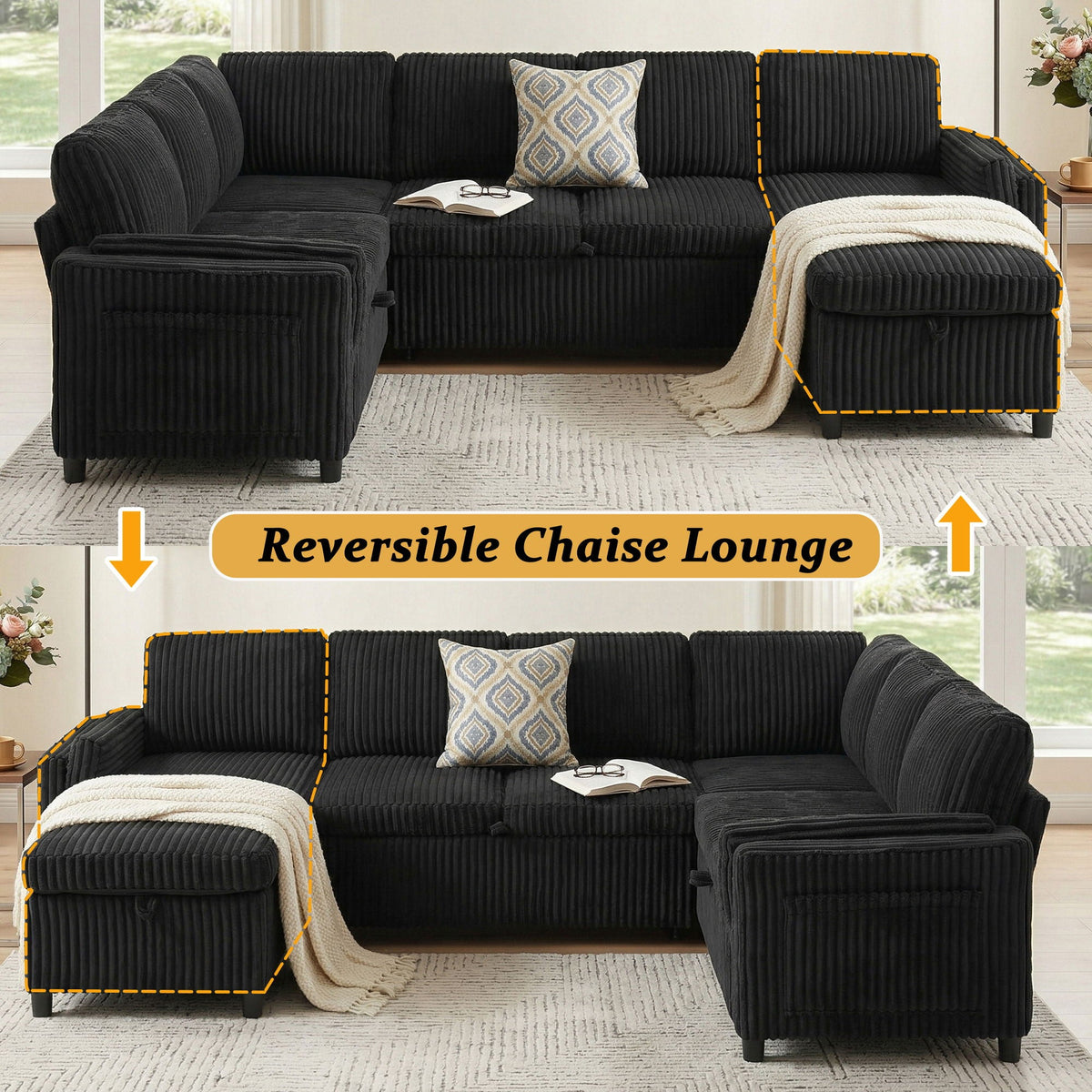 Convertible U-Shaped Sectional Sofa Bed in black corduroy with USB ports and storage from HouseOfZazla on Tampa Home & Garden Store