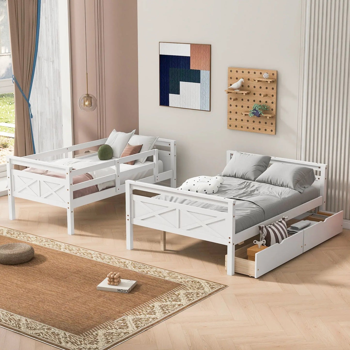 White bunk beds with ladder and guardrails, twin beds with gray bedding in a bright modern room on Tampa Home & Garden Store