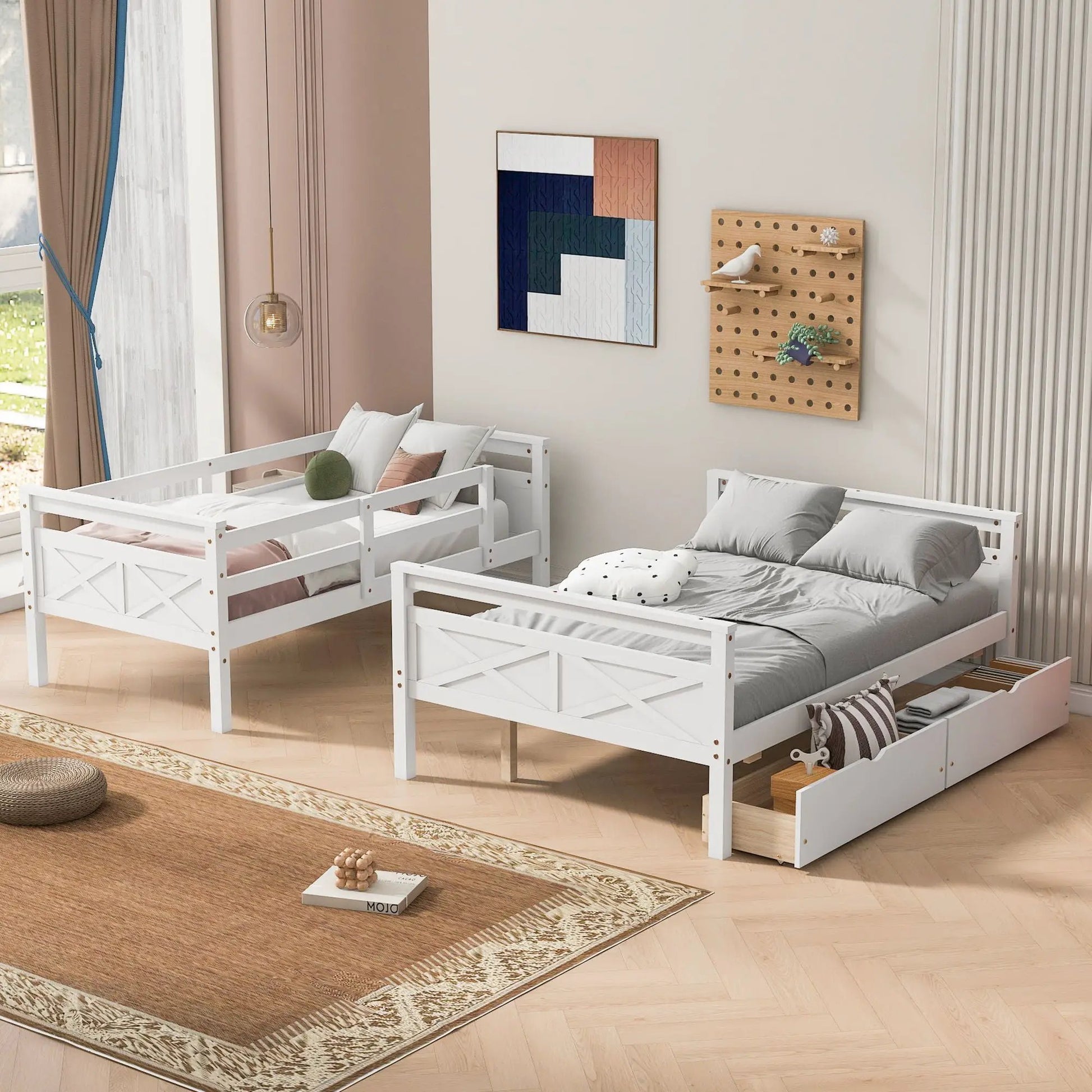 White bunk beds with ladder and guardrails, twin beds with gray bedding in a bright modern room on Tampa Home & Garden Store