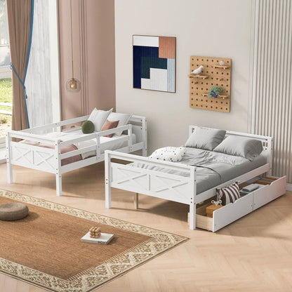 White bunk beds with ladder and guardrails, twin beds with gray bedding in a bright modern room on Tampa Home & Garden Store