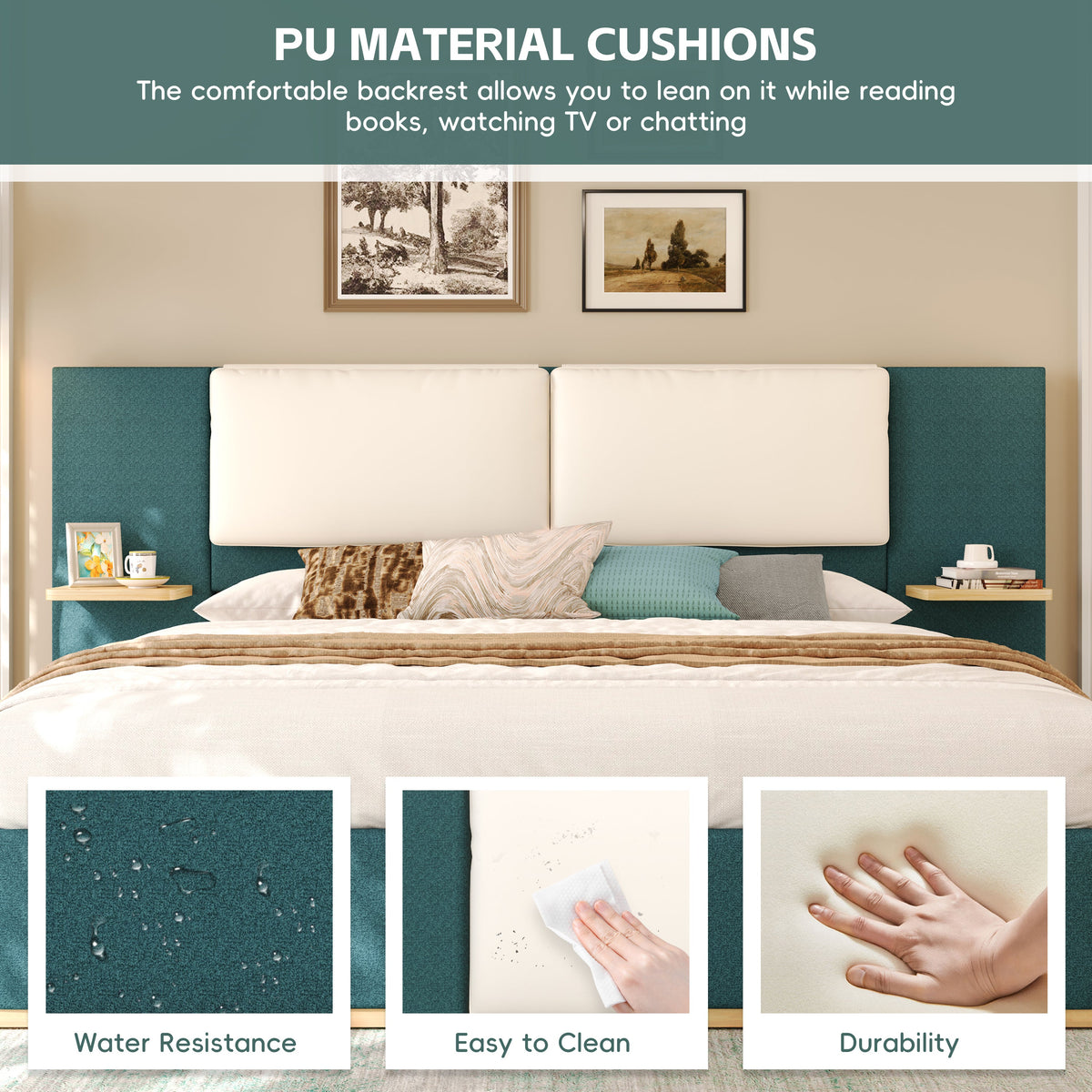 Queen size upholstered platform bed with panel headboard in teal fabric by HouseOfZazla on Tampa Home & Garden Store