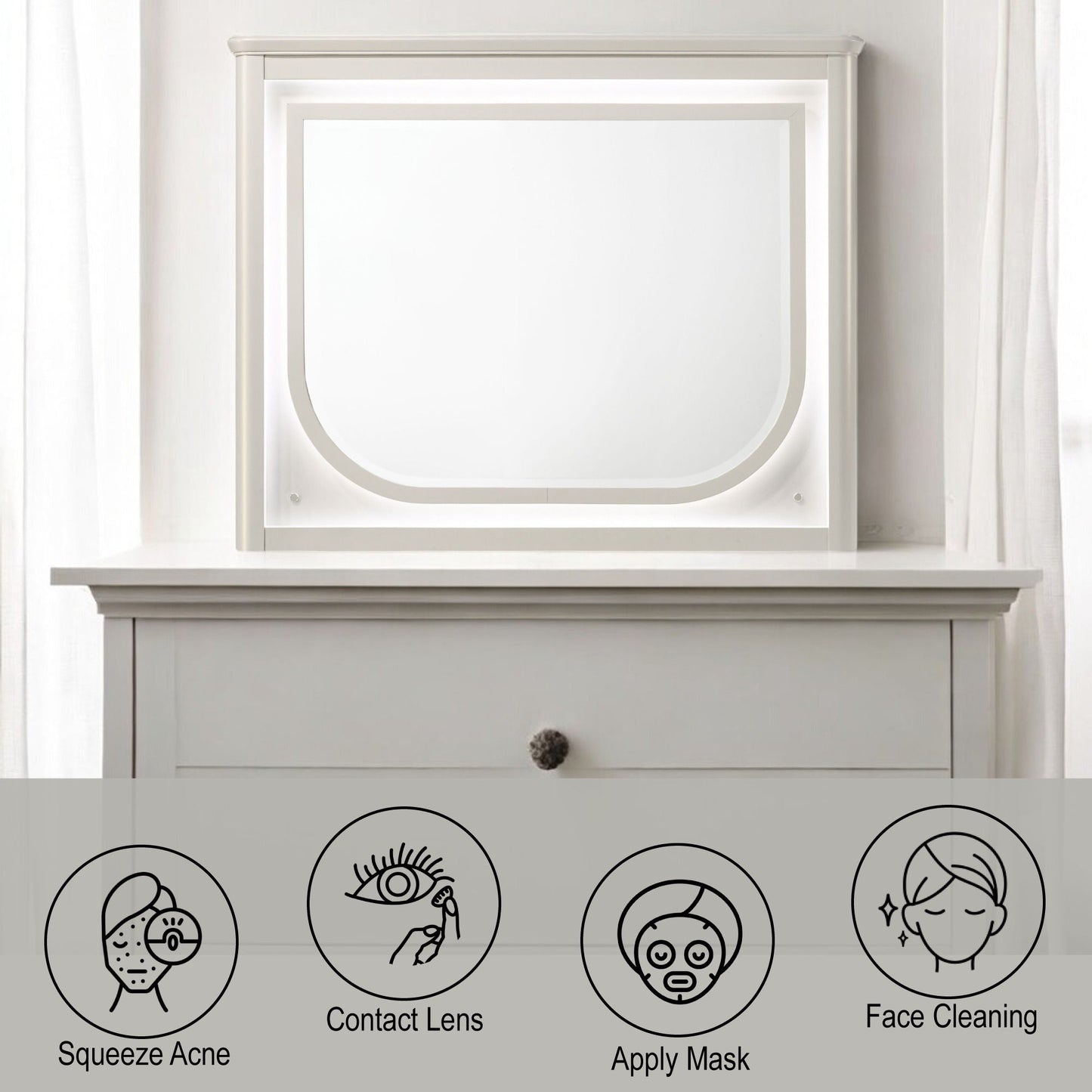Laveda Mirror With LED, white framed wall mirror with rounded bottom corners on Tampa Home & Garden Store