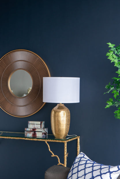 D15x25.7' Round Aluminum Gold Table Lamp with White Fabric Shade HouseOfZazla hammered gold base on Tampa Home & Garden Store