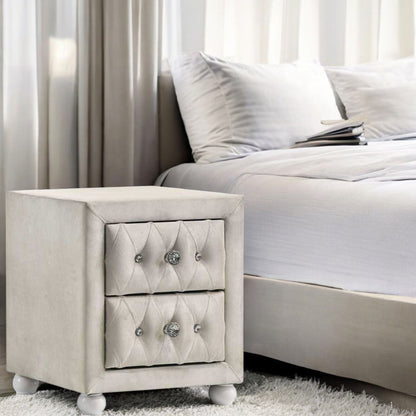 Reggie beige fabric nightstand with diamond tufting and crystal buttons by HouseOfZazla on Tampa Home & Garden Store