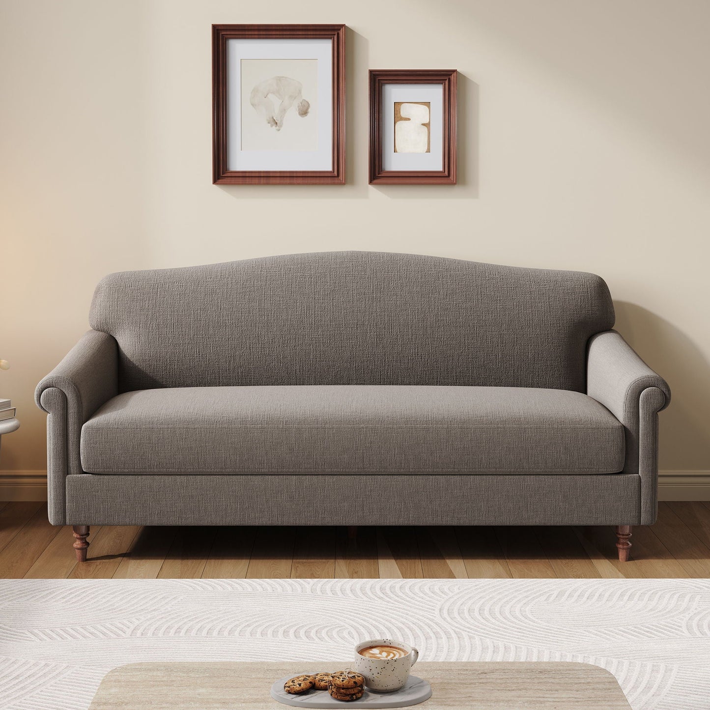 Loveseat sofa brown with rolled arms stationary textured upholstery and wooden legs on Tampa Home & Garden Store