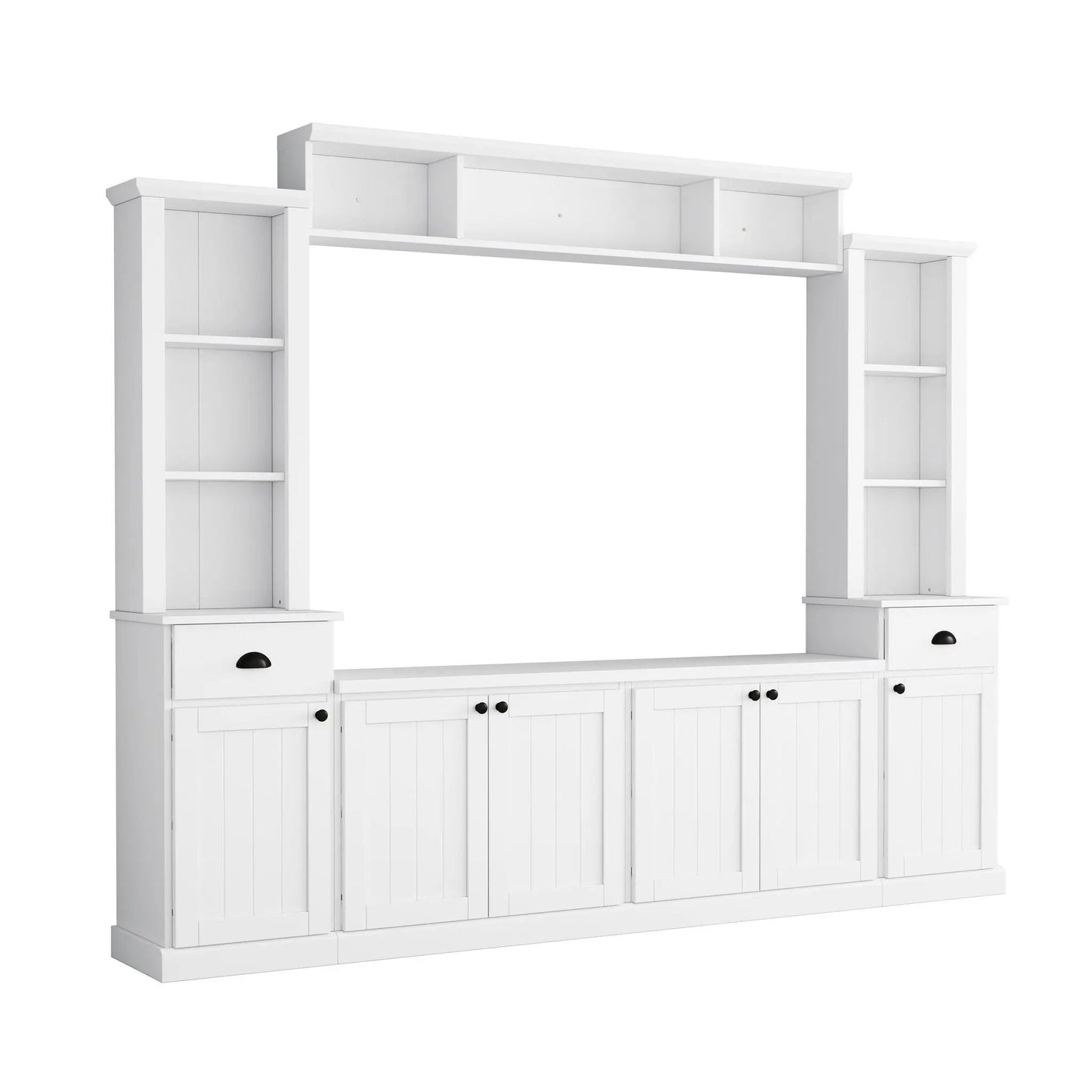 Minimalist entertainment wall unit with bridge in white by Unique Piece Furniture for 75 in TVs on Tampa Home & Garden Store