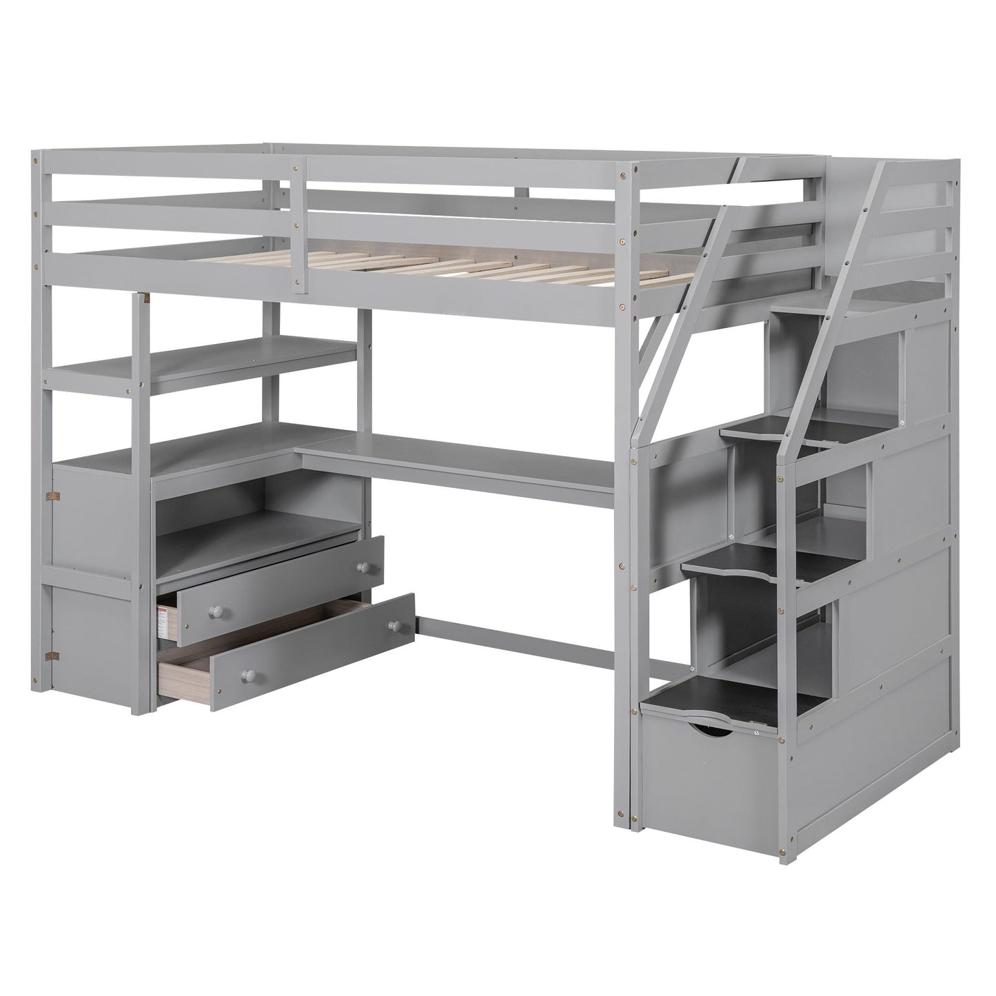 Gray loft bed with desk and storage staircase, shelves and two drawers on Tampa Home & Garden Store