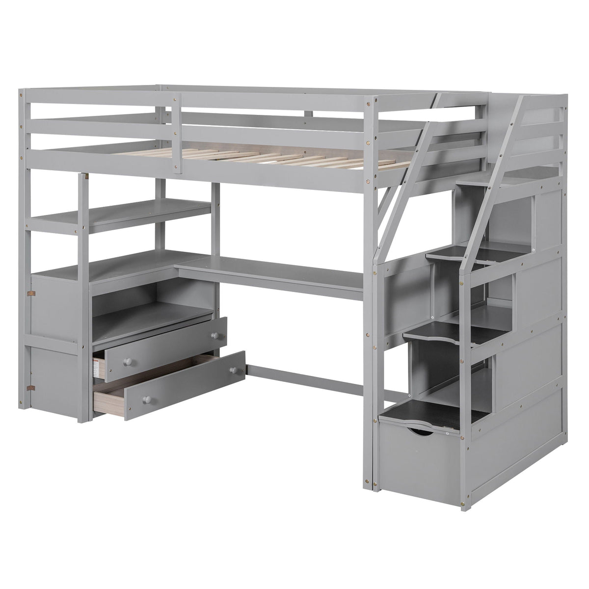 Gray loft bed with desk and storage staircase, shelves and two drawers on Tampa Home & Garden Store