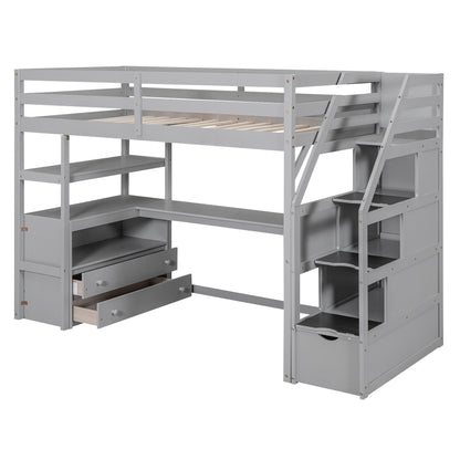 Gray loft bed with desk and storage staircase, shelves and two drawers on Tampa Home & Garden Store
