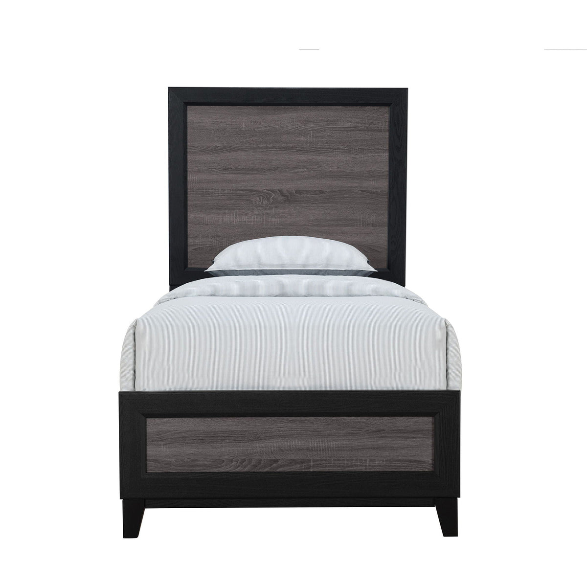 Soluto Bed by HouseOfZazla, black framed platform bed with gray woodgrain headboard on Tampa Home & Garden Store