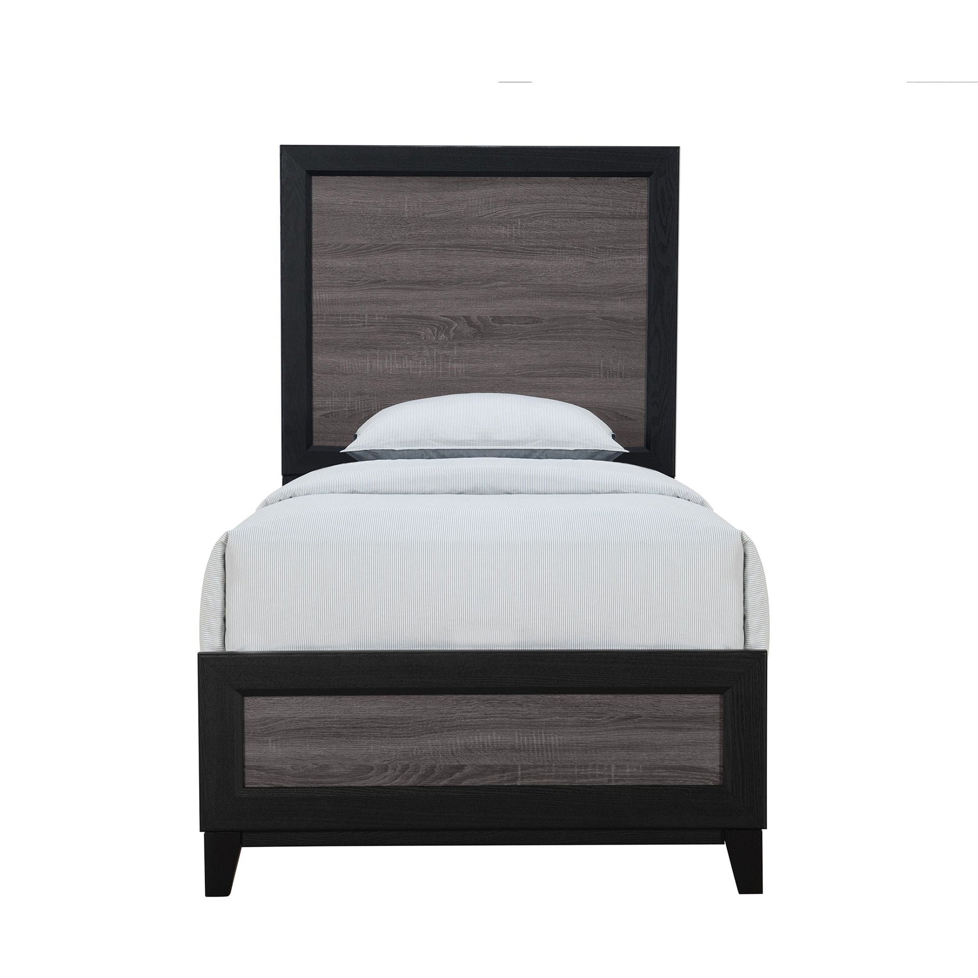 Soluto Bed by HouseOfZazla, black framed platform bed with gray woodgrain headboard on Tampa Home & Garden Store