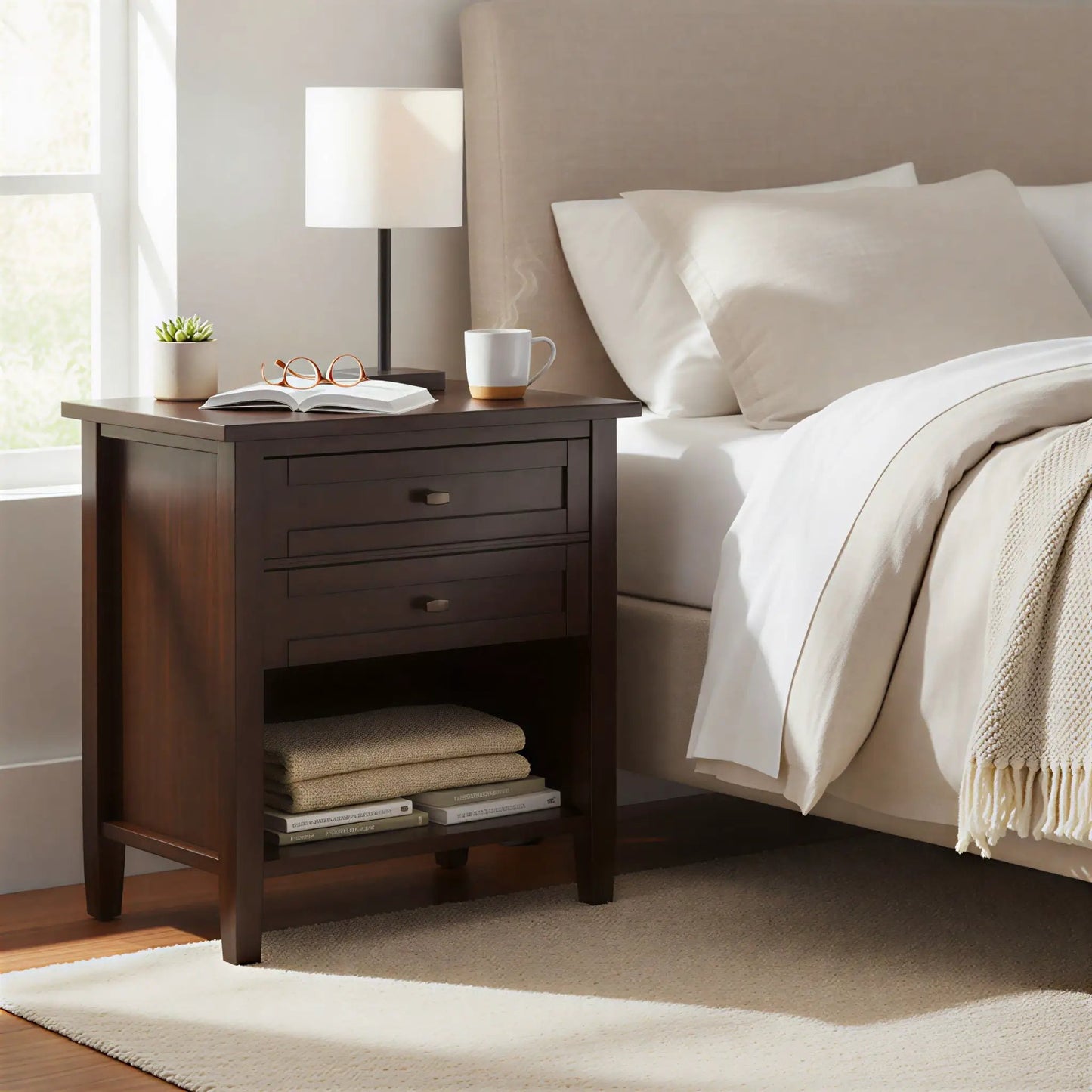 Warm Shaker bedside table in dark wood finish with 3 drawers beside a beige bed setup on Tampa Home & Garden Store