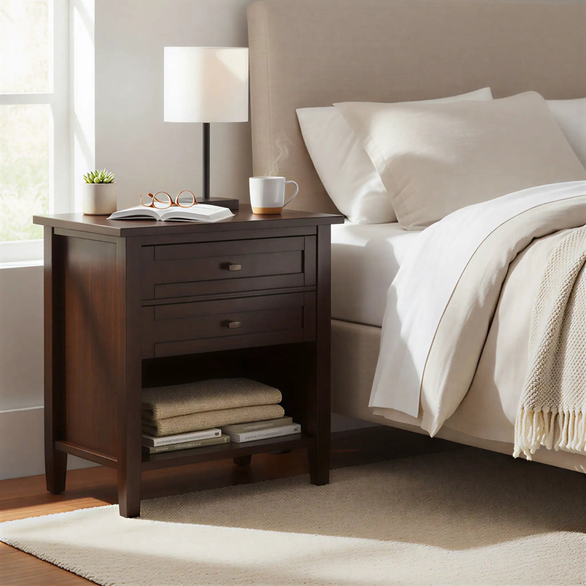 Warm Shaker bedside table in dark wood finish with 3 drawers beside a beige bed setup on Tampa Home & Garden Store