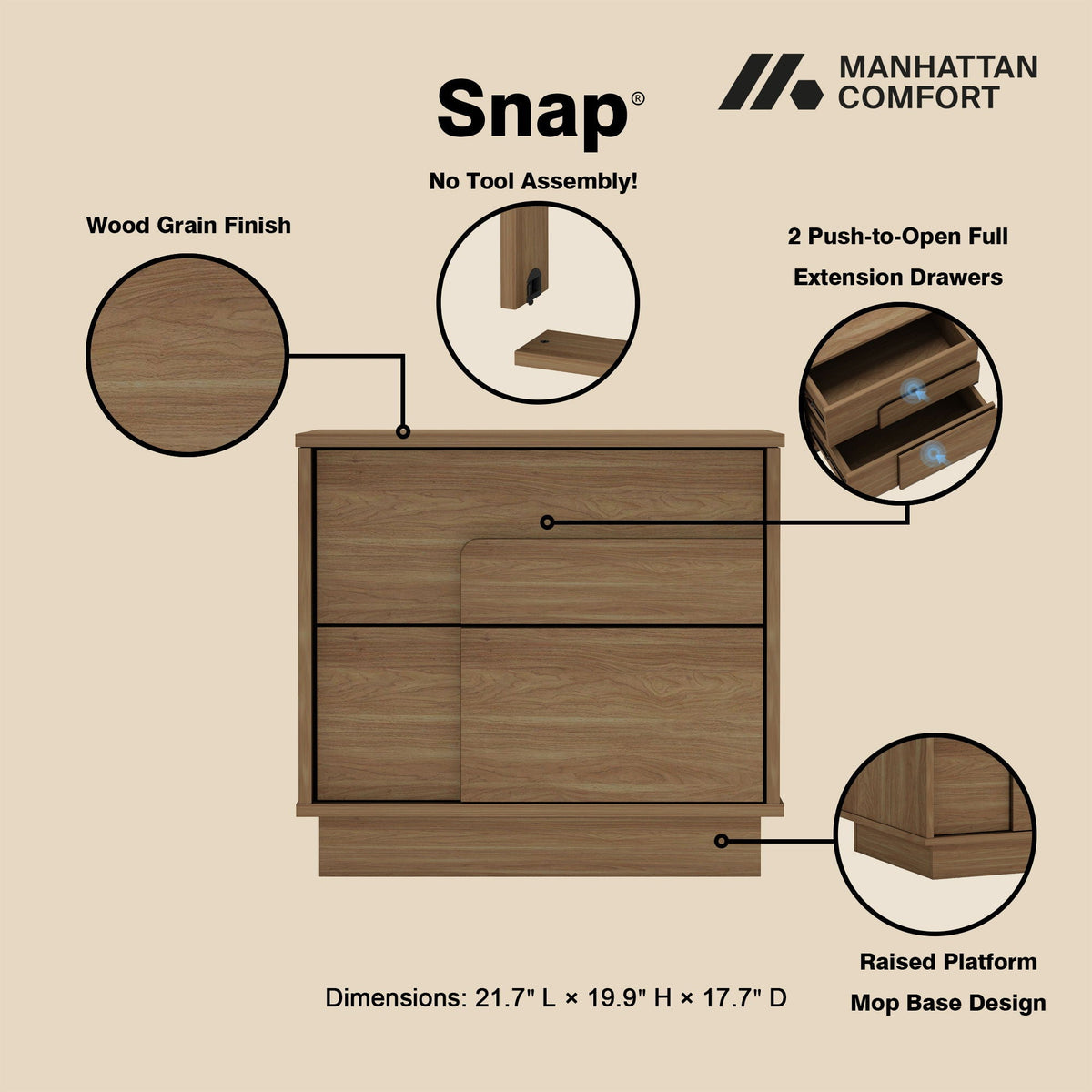 Modern nightstand with push-to-open drawers in wood grain finish by HouseOfZazla on Tampa Home & Garden Store