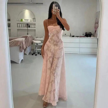 Sexy pink floral lace suspender dress with thin straps, long evening gown with lace-up back on Tampa Home & Garden Store