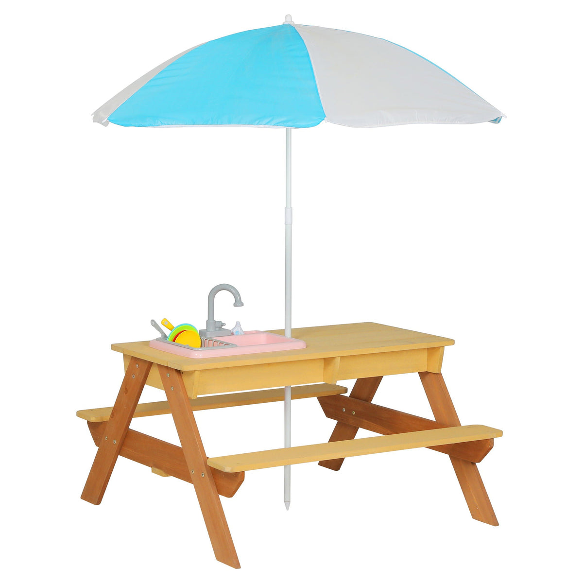 Kids picnic table with sand and water table conversion in cedar wood with blue umbrella on Tampa Home & Garden Store