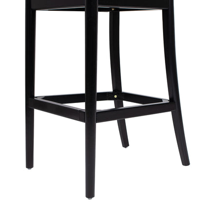 Bar stool with curved back, black finish legs and crossbar supports on Tampa Home & Garden Store