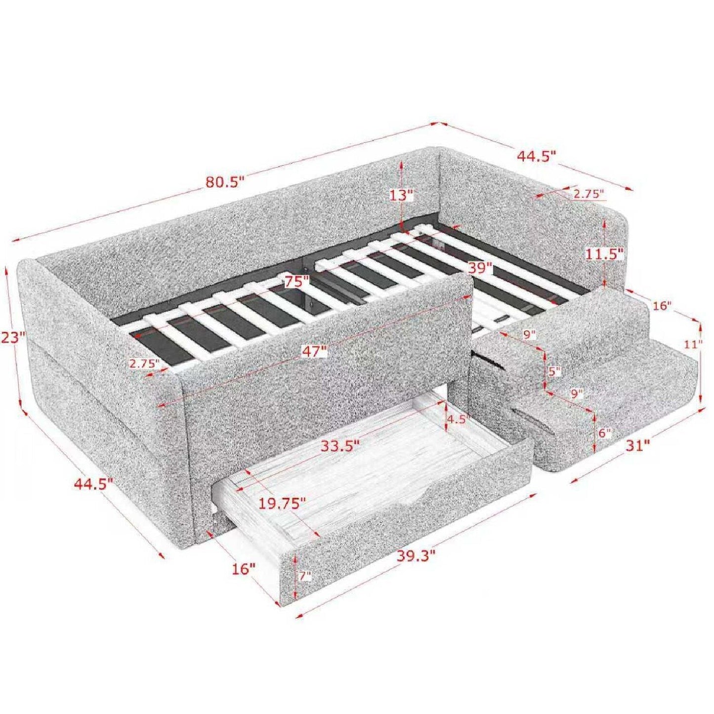 Sturdy Wood Kids Bed with Guardrails and Storage