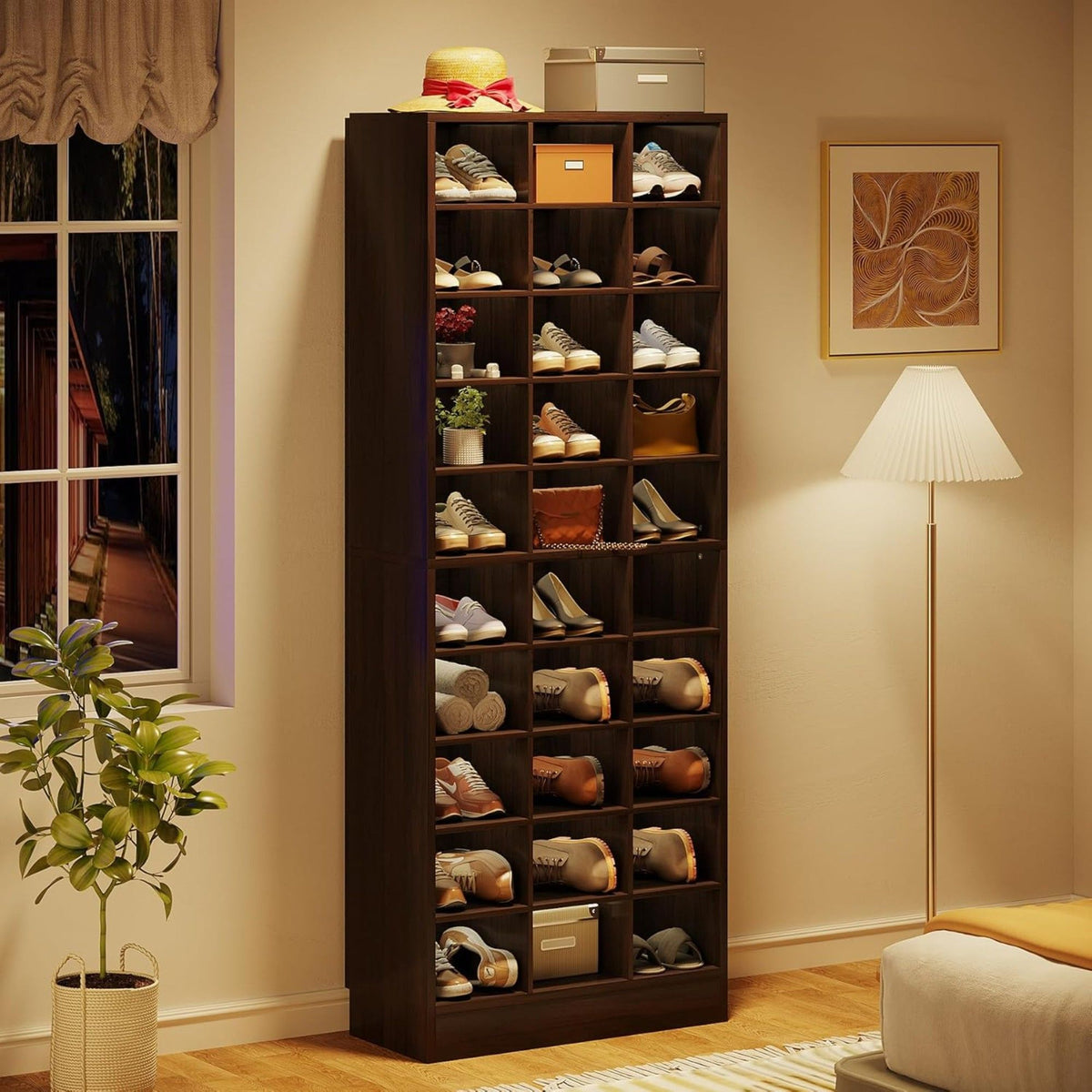 10 Tier Shoe Storage Cabinet with 30 cubbies in dark wood by HouseOfZazla, shoes organized on Tampa Home & Garden Store