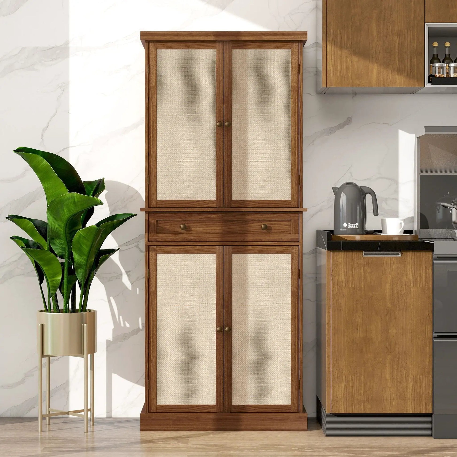 Wood accent cabinet with cane-panel doors and brass knobs, 4-door storage with 1 drawer on Tampa Home & Garden Store