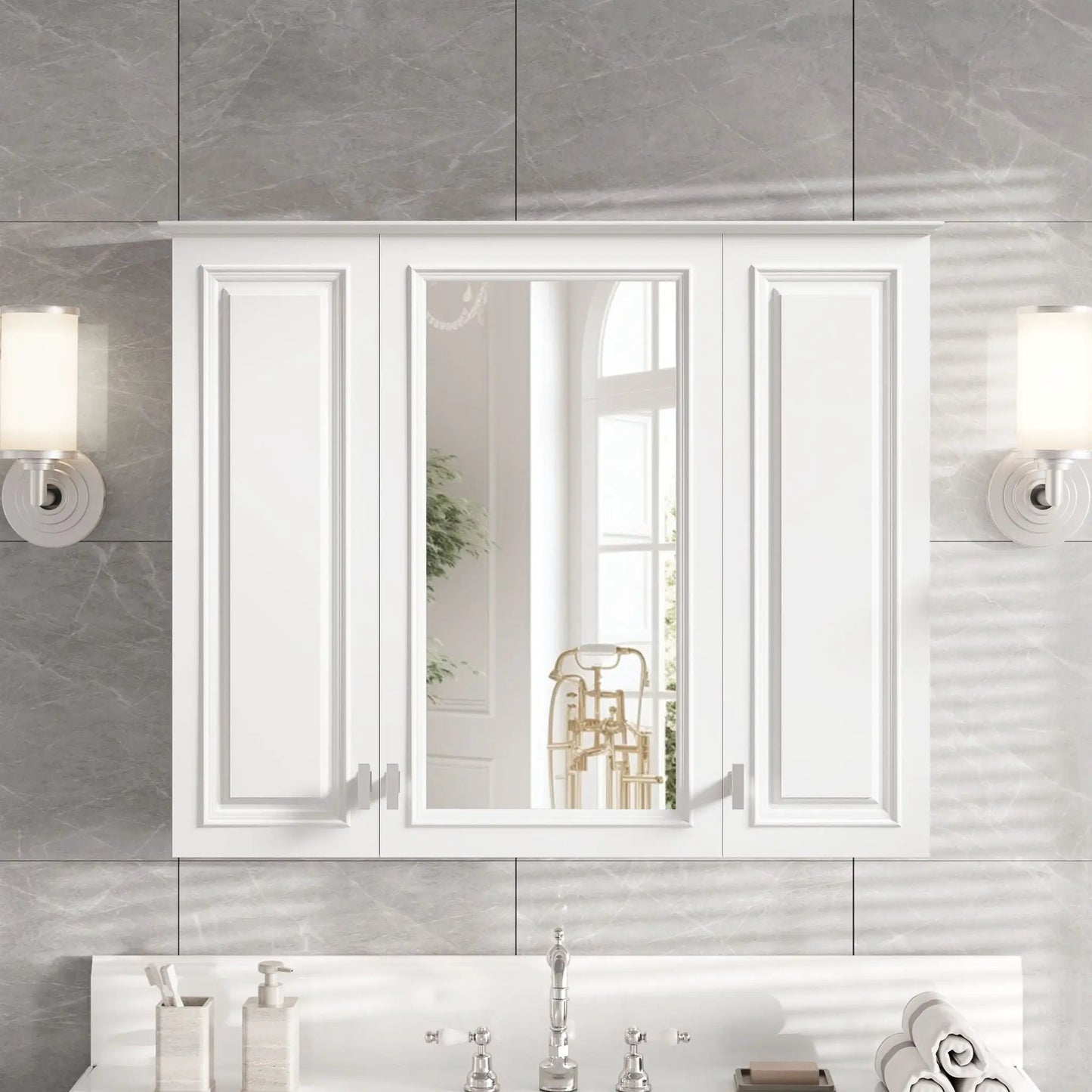 White wall-mounted medicine cabinet with central mirror and three panel doors, 5 adjustable shelves on Tampa Home & Garden Store