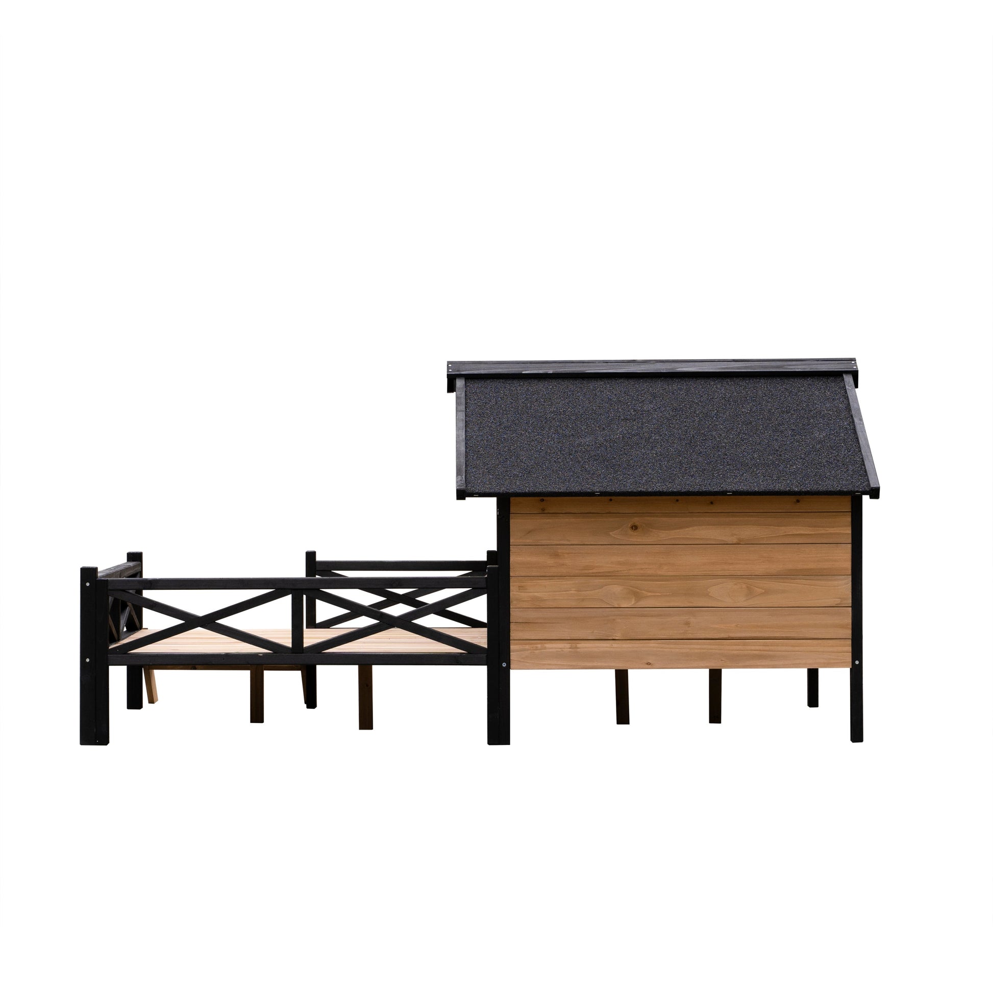 Outdoor wooden cabin dog kennel with porch, natural wood and black metal, HouseOfZazla on Tampa Home & Garden Store