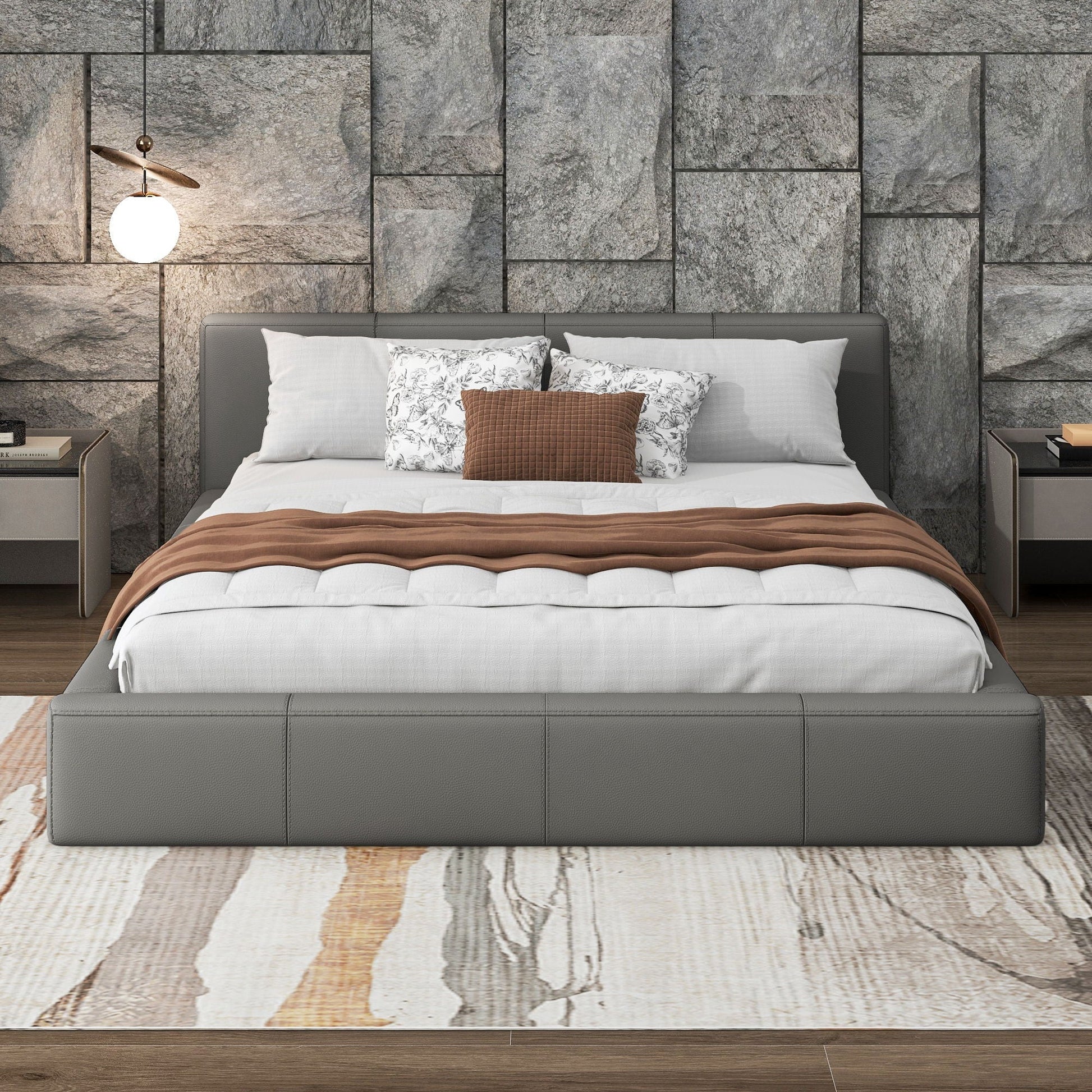 Stylish upholstered bed with birch wood frame in gray, two nightstands on Tampa Home & Garden Store