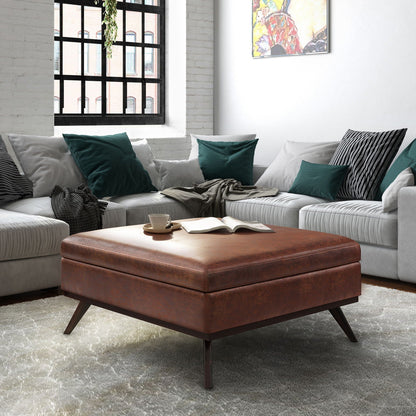 Square lift-top storage ottoman coffee table in brown leather by HouseOfZazla on Tampa Home & Garden Store