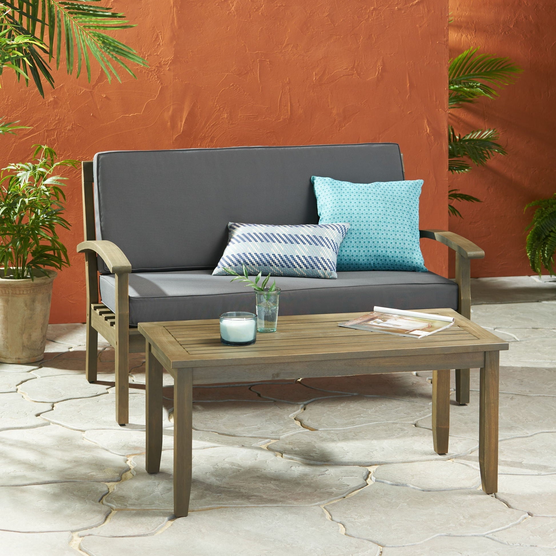 Outdoor chat set with coffee table and loveseat, 2-piece, HouseOfZazla, gray cushions on Tampa Home & Garden Store