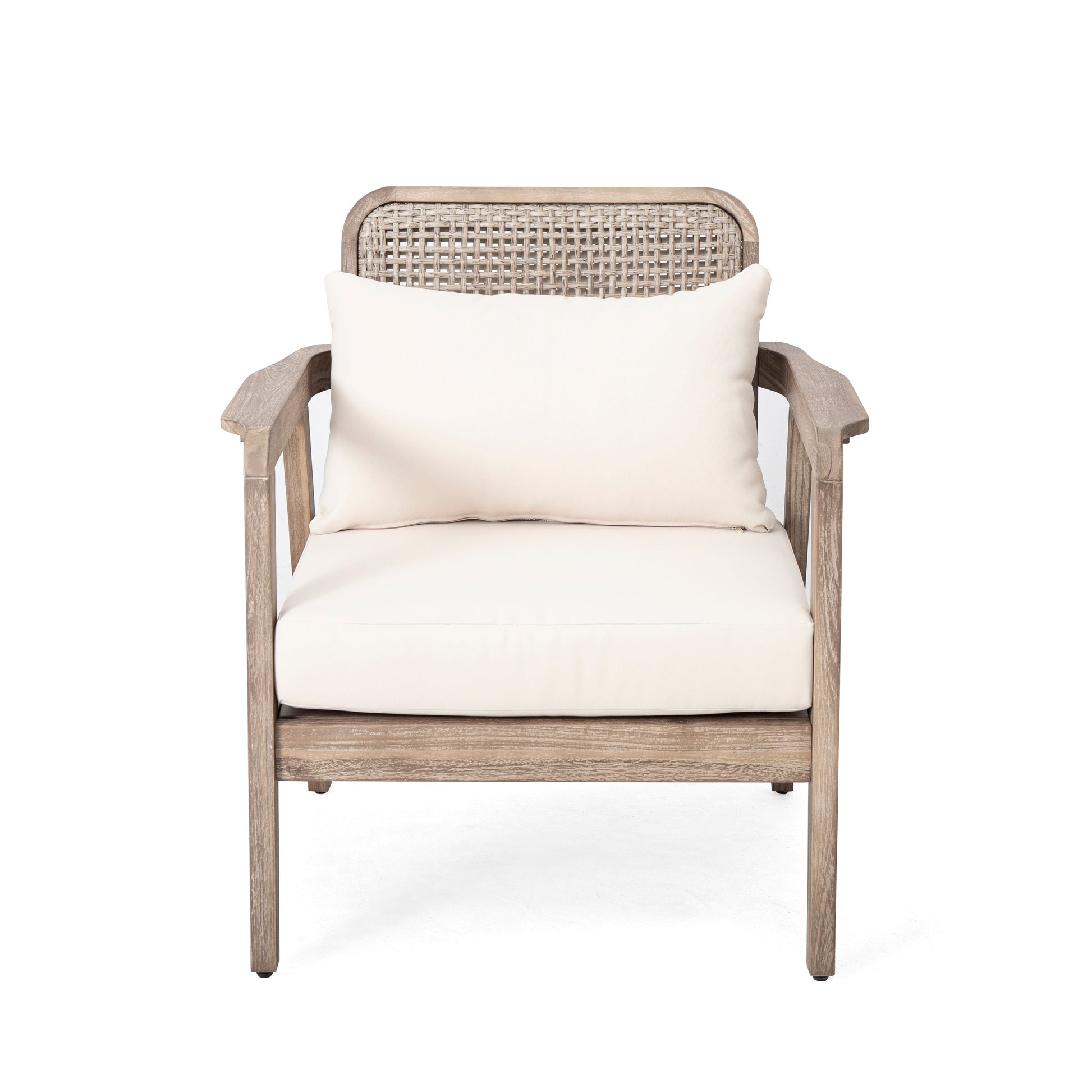 Outdoor Acacia Wood Patio Club Chair with natural woven back and cream cushion on Tampa Home & Garden Store