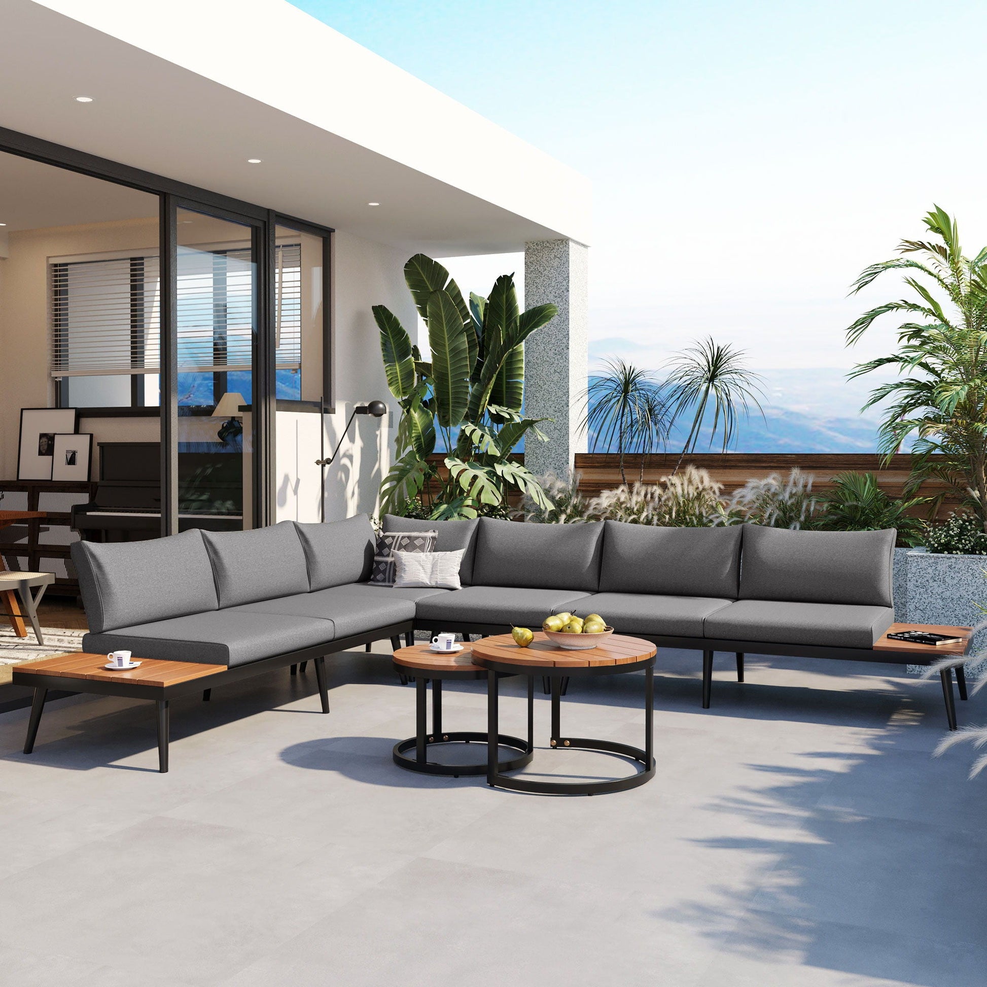 6-piece HouseOfZazla outdoor sectional sofa set with gray cushions and nesting coffee tables on patio on Tampa Home & Garden Store