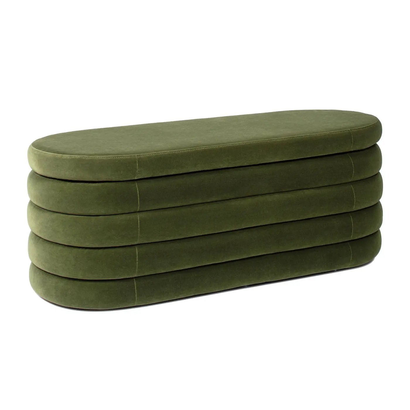 Fuji Upholstered Oval Storage Bench olive-green velvet with layered rounded cushions on Tampa Home & Garden Store