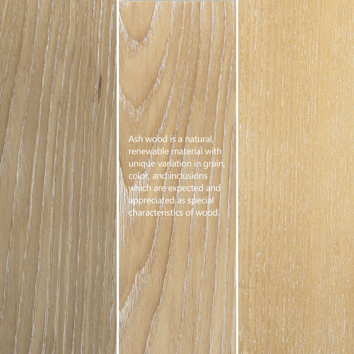 Ash wood panel trio showcasing natural grain with a white text overlay on Tampa Home & Garden Store